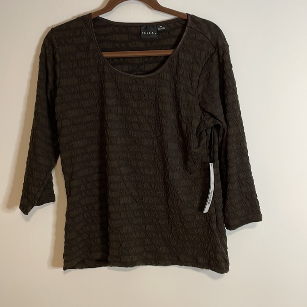 Tribal 3/4 Sleeve Brown Top LG Scoop Texture Contrast Y2K Mocha Casual Neutral